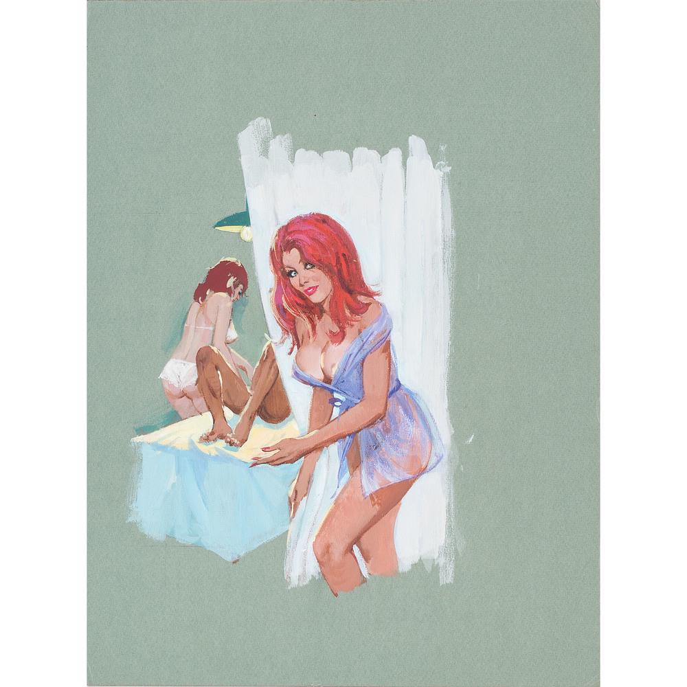 Robert Bonfils (American, b. 1922): Her Mother's Massage Parlor gouache on paper board artist attribution, titled, and dated 1971 on reverse of board 17.5 x 13 in. (board)