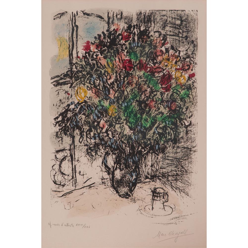 Marc Chagall (Russian-French, 1887-1985): Red Bouquet color lithograph signed in pencil l.r. numbered XXIII/XXV EA in pencil l.l. framed 17 x 25.5 in. (sight) 28.75 x 37.5 in. (frame)