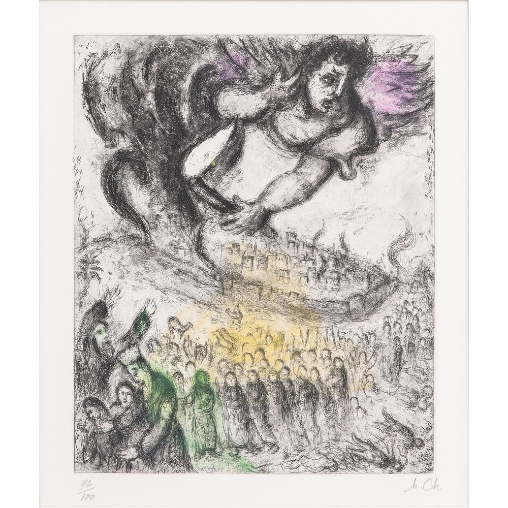 Marc Chagall (Russian-French, 1887-1985): The Capture of Jerusalem color etching and aquatint signed in pencil l.r. numbered 92/100 in pencil l.l. framed 12 x 10 in. (plate) 26.75 x 22.75 in. (frame)