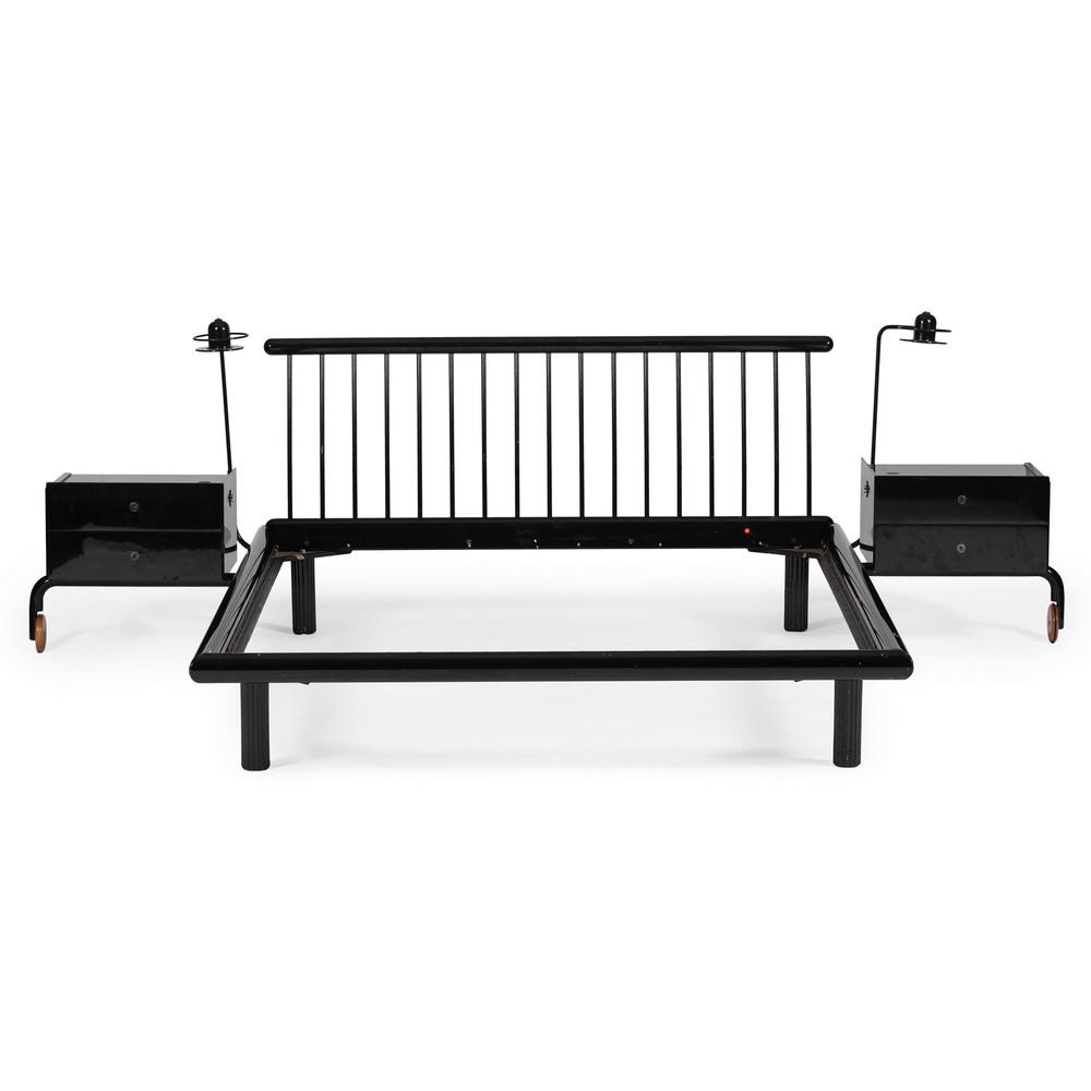 Maurice Villency Bed: American, 20th century. A black lacquer bed with rolling nightstands and attached halogen reading lamps. Interior to nightstand with Maurice Villency label; ht. 38, wd. 120, dp. 80 in.