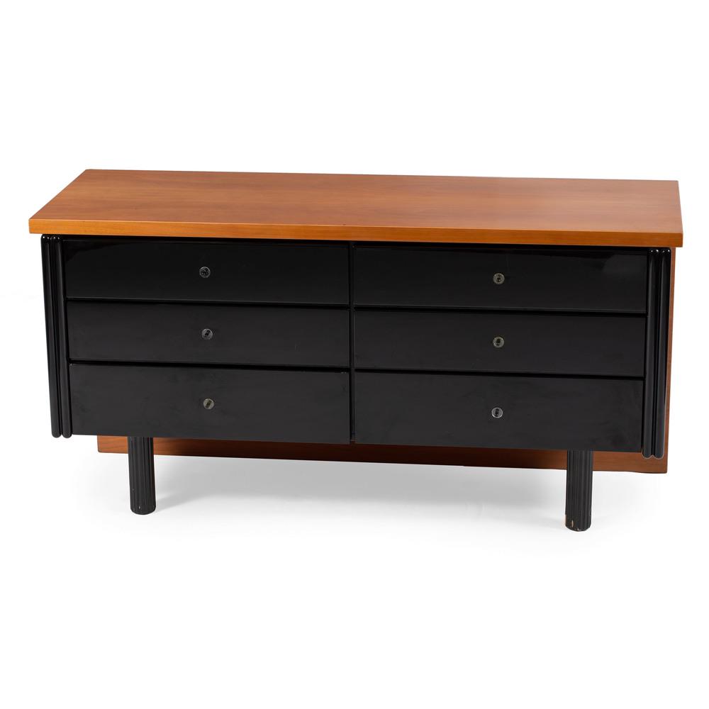 Maurice Villency Dresser: American, 20th century. A Maurice Villency six drawer dresser in lacquered wood and walnut, on lucite legs; ht. 30.25, wd. 59.5, dp. 21 in.