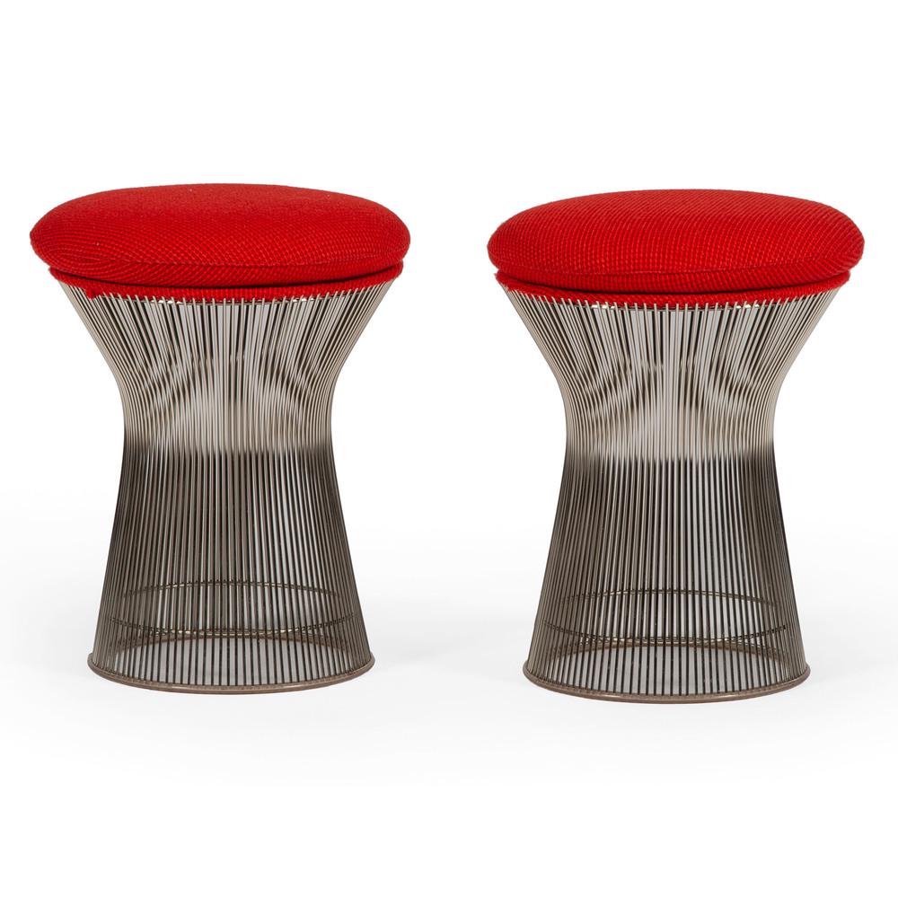 Warren Platner (American, 1919-2006) for Knoll: Pair of Mushroom Stools nickel plated steel upholstered in Knoll Cato "Fire Red" fabric ht. 21, dia. 17 in. (each)