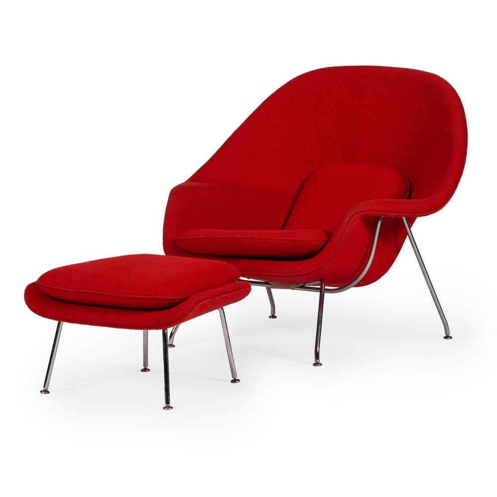 Eero Saarinen (Finnish-American, 1910-1961) for Knoll: Womb Chair and Ottoman foam-covered molded fiberglass with chrome-finished steel rod base, with Knoll Cato "Fire Red" upholstery labels on underside chair oah. 36, wd. 42 ottoman ht. 15.5, wd. 25, d