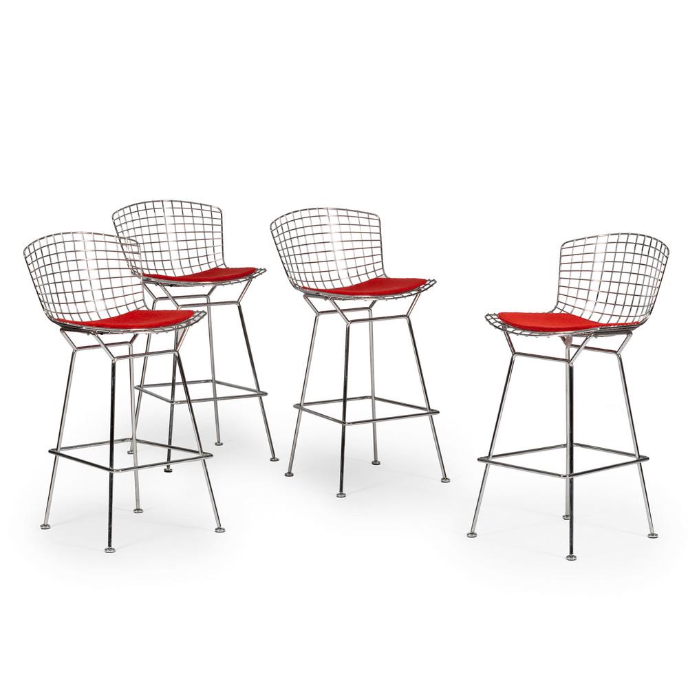 Harry Bertoia (Italian-American, 1915-1978) for Knoll: Four Barstools in the Diamond chair design chrome-plated steel, molded foam and fabric labels on underside oah. 40.5 in. (each)