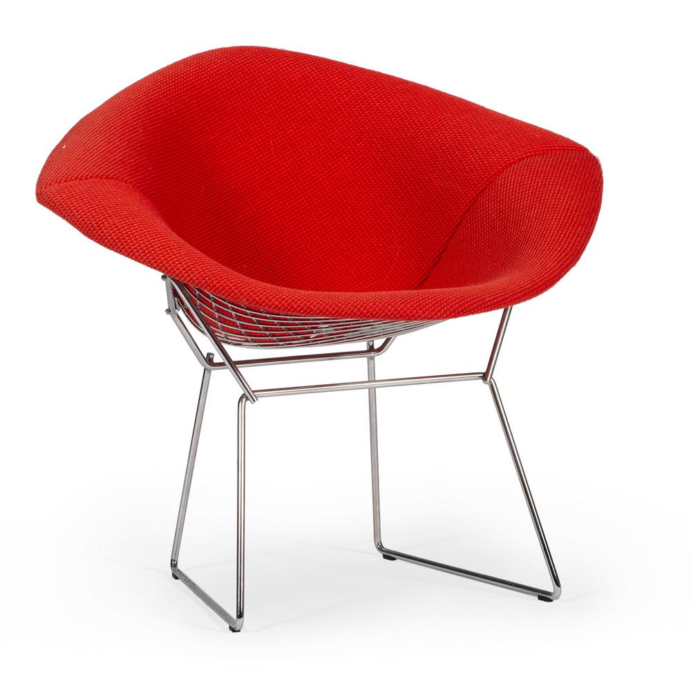 Harry Bertoia (Italian-American, 1915-1978) for Knoll: Diamond Chair chrome-plated steel with Knoll Cato red boucle upholstery label on underside oah. 30 in.