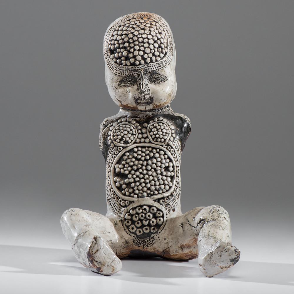 Michele Oka Doner (American, b. 1945): Tattooed Doll ca 1965 glazed porcelain ht. 12.75 in. Provenance: Purchased from the artist, ca 1980, at University of Michigan art show