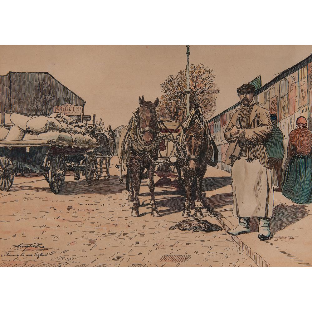 Augustin Satra (Czech-American, 1877-1909) Ink and: Street Scene early 20th century signed and titled illegibly l.l. framed 9.75 x 13.5 in. (sight), 15.25 x 19 in. (frame)
