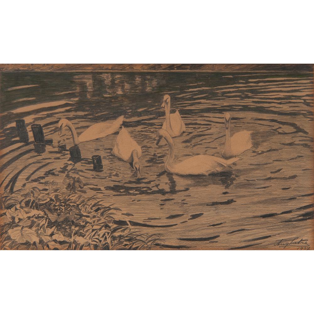 Augustin Satra (Czech-American, 1877-1909) Pencil and: The Swans 1907 signed and dated l.r.; titled on verso framed 7.75 x 13.25 in. (sight), 13.25 x 18.5 in. (frame)