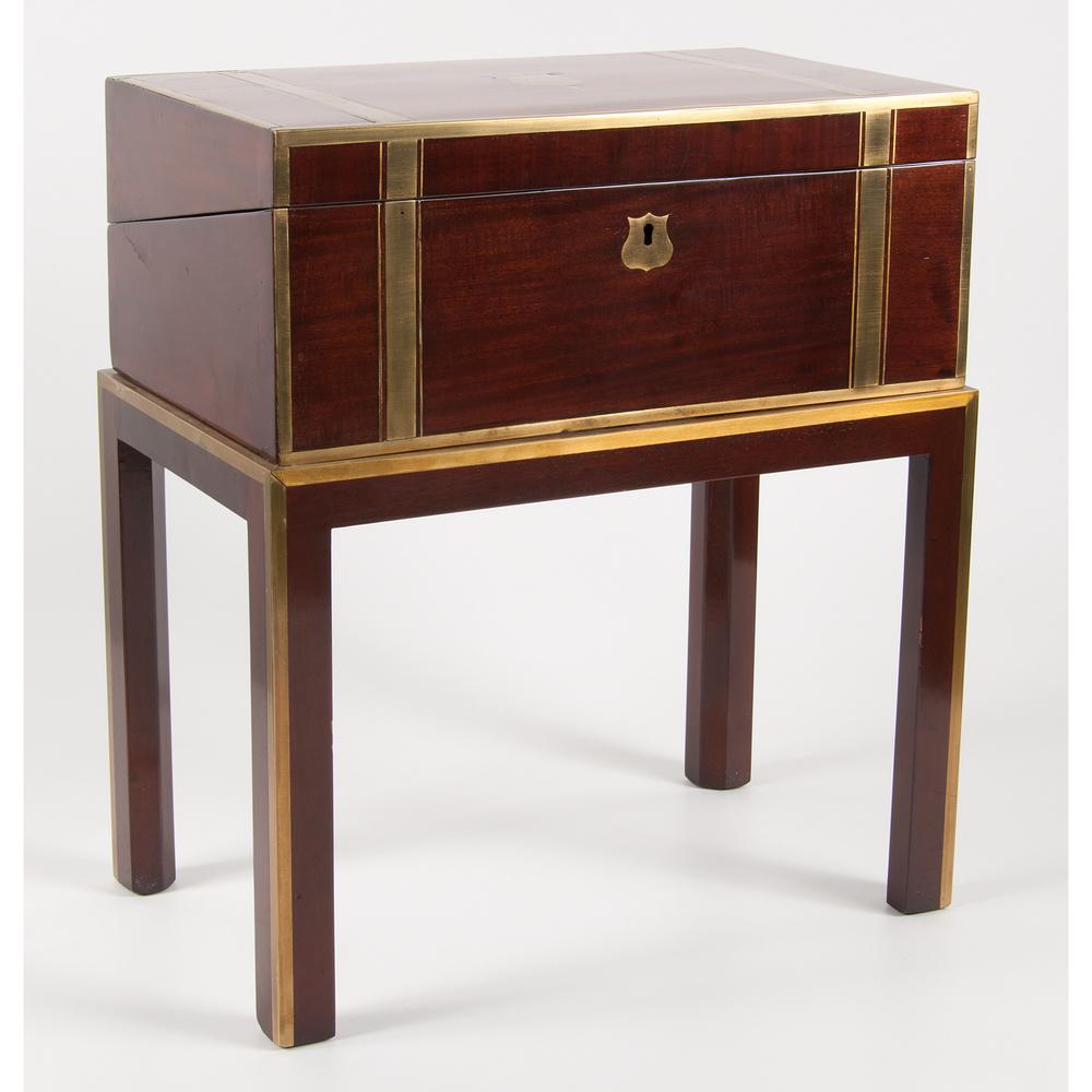 Georgian Lap Desk on Stand: English, ca. 1790. A mahogany lap desk with brass and ebony inlay, on a later stand; ht. 20.25, lg. 18, wd. 11 in.