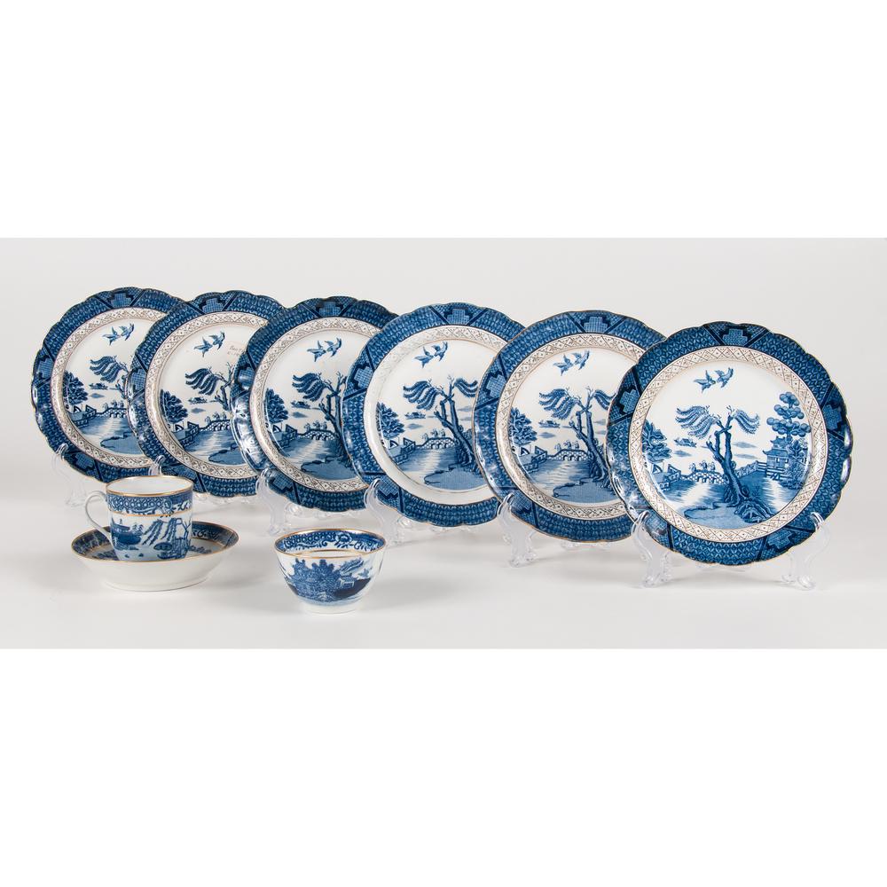 Booths Plates, "Real Old Willow" and "Newhall": English, late 18th century and early 20th century. Eight pieces of blue and white gilt porcelain, including six Booths bread plates in the "Blue Old Willow" pattern, marked for maker and pattern, and