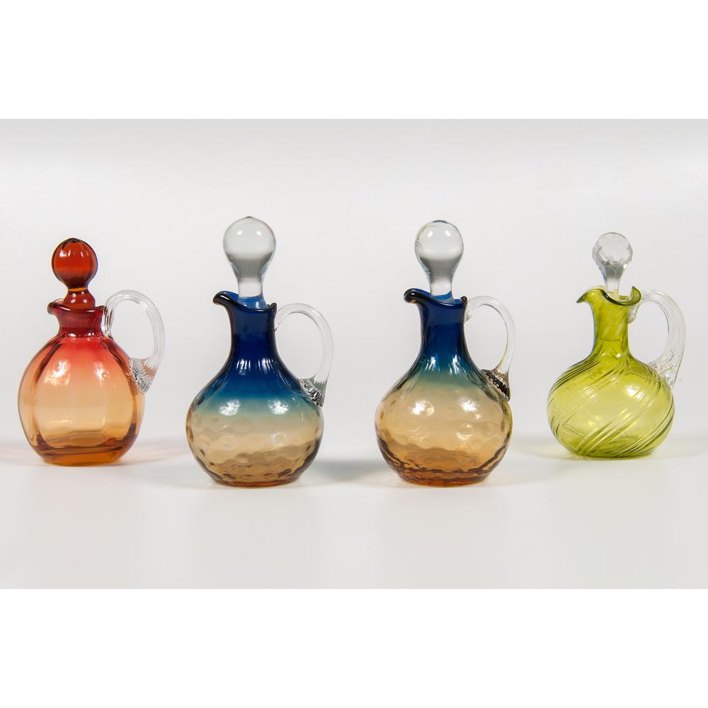 Art Glass Cruets: American, late 19th-early 20th century. Four art glass cruets, including two almost-matching bluerina coinspot, one of which is marked illegibly beneath handle, one amberina with rib design, one light