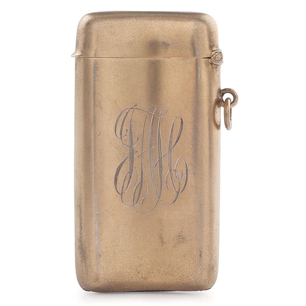 Gilt Sterling German Match Safe with Ruby: German, 20th century. A gilt sterling match safe having etched design with inset ruby and monogram, marked STERLING with German hallmark on interior; ht. 2 5/8, wd. 1 3/8 in. Provenance: Property f