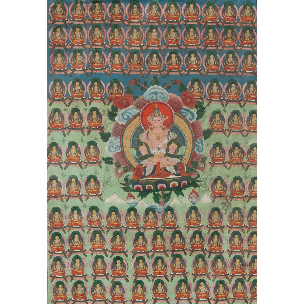 Tibetan Thangka: Tibetan, 20th century. A fine hand-painted silk thangka depicting Amitayus, seated on a lotus throne in the panel's center and surrounded by rows of smaller versions of the deity, framed; 44 x 28 in