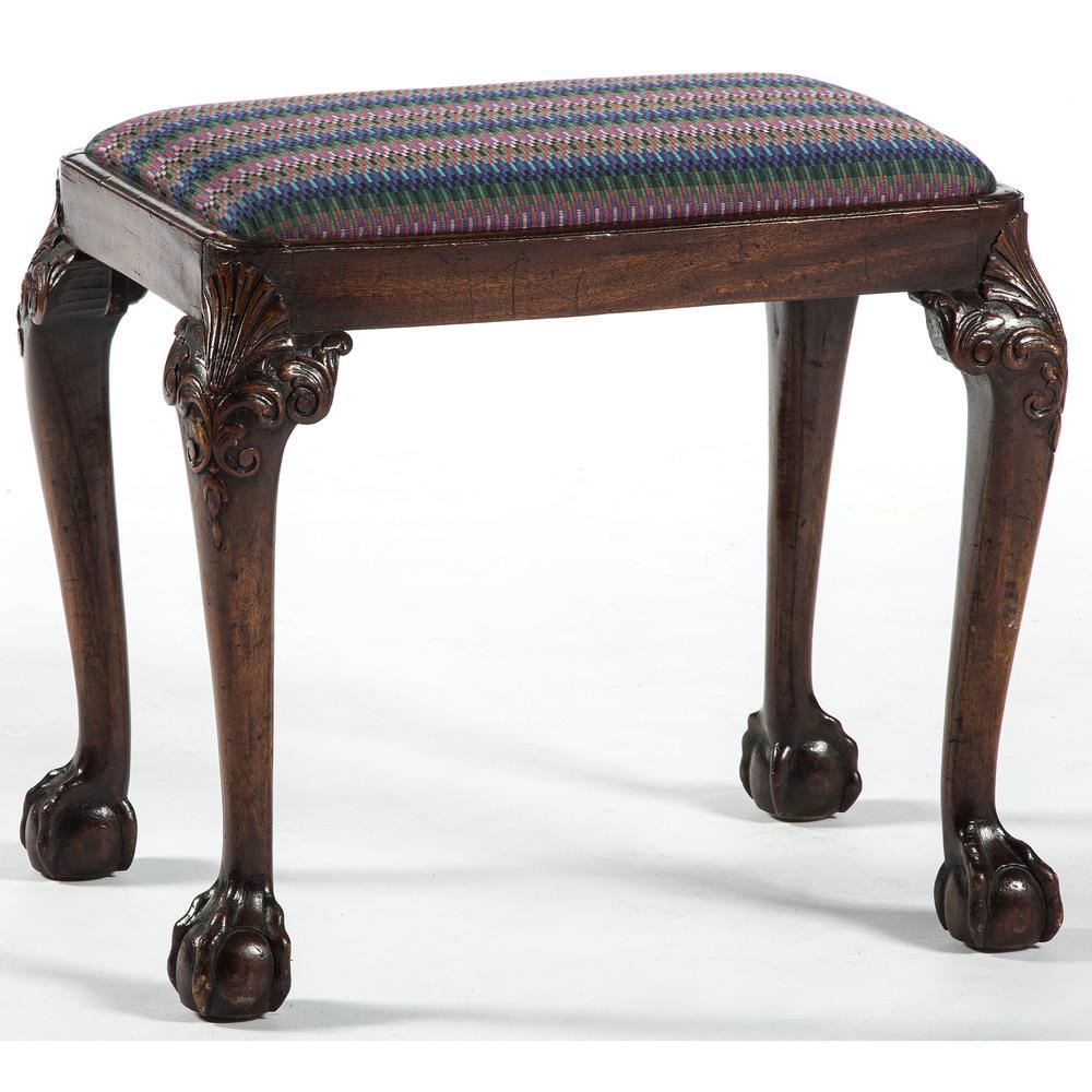 Chippendale-Style Footstool in Mahogany: 19th century. Chippendale-style footstool in mahogany with shell knee and ball and claw feet, upholstered seat insert; ht. 19, wd. 16 x dp 21.5 in.