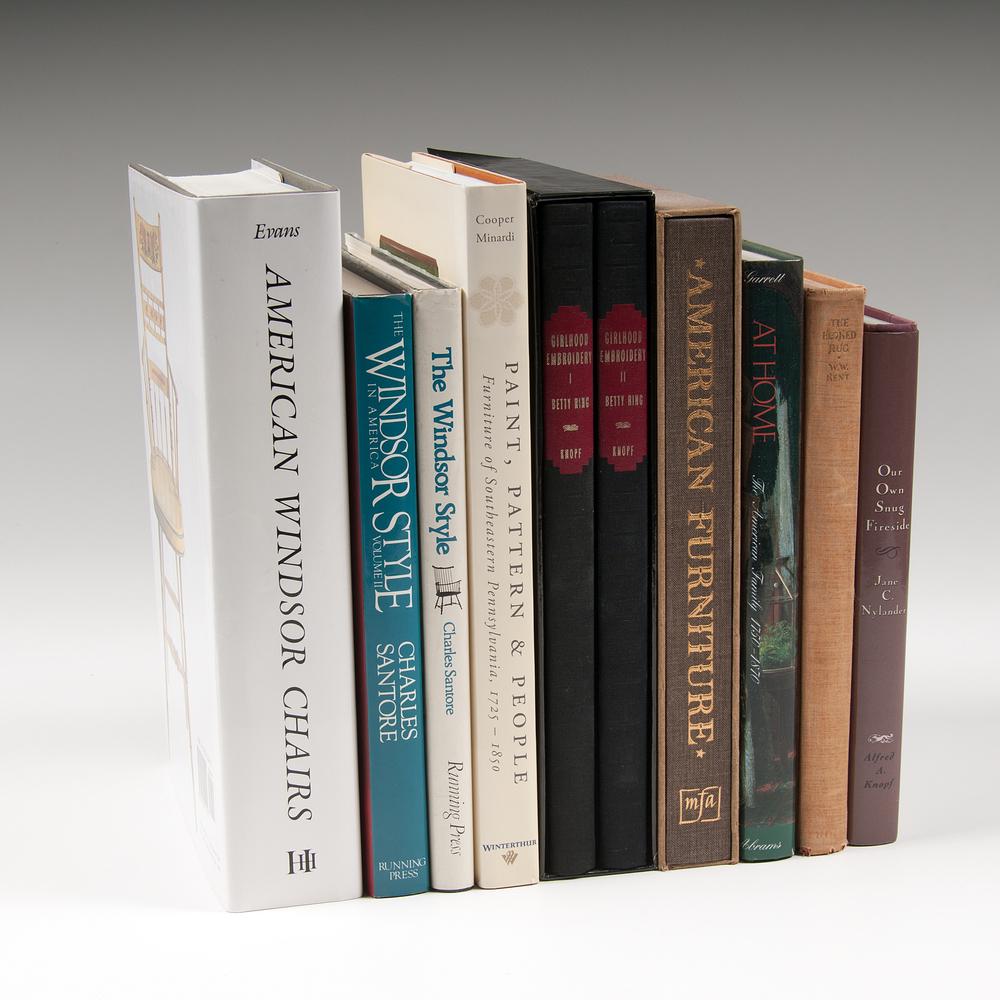 Collection of American Decorative Art and Furniture: An assembled collection of nine reference books pertaining to American decorative arts and furniture, including: Evans, Nancy Goyne. Amerian Windsor Chairs. New York: Hudson Hills Press, 1996. San