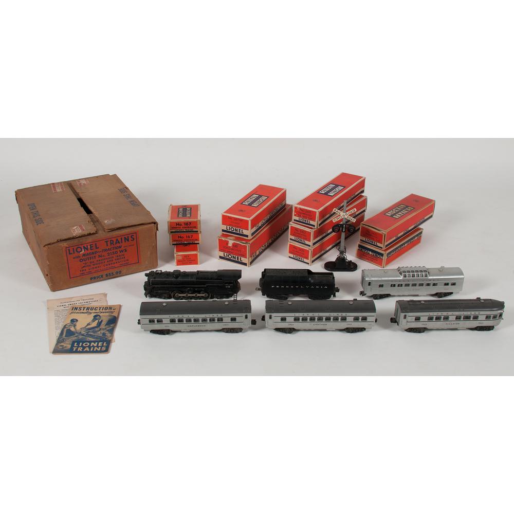Lionel Post-War Outfit 2150 WS with Boxes: American, ca. 1950. A Lionel Trains with "Magne-traction" Outfit No. 2150 WS "O" gauge passenger train with whistle and smoke with original boxes. Outfit includes 681 locomotive with smoke chamber, 26