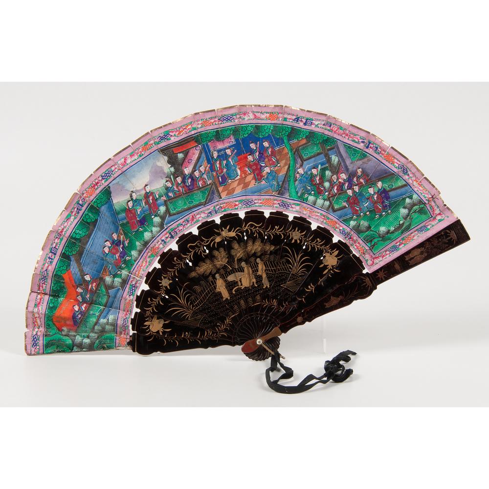 Chinese Painted Fan with Lacquer Box: Chinese, 19th century. A painted fan with lacquer ribs, each side decorated with elaborate genre scenes featuring figures with applied silk robes and faces of painted ivory, edged in painted floral bo