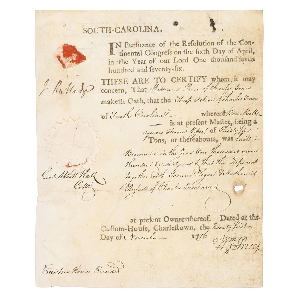 Ship: Ship's Register Signed by President of South Carolina John Rutledge, 1776 Rutledge, John (1739-1800).President and first Governor of South Carolina (1776-1782), delegate at the Constitutional Conventi