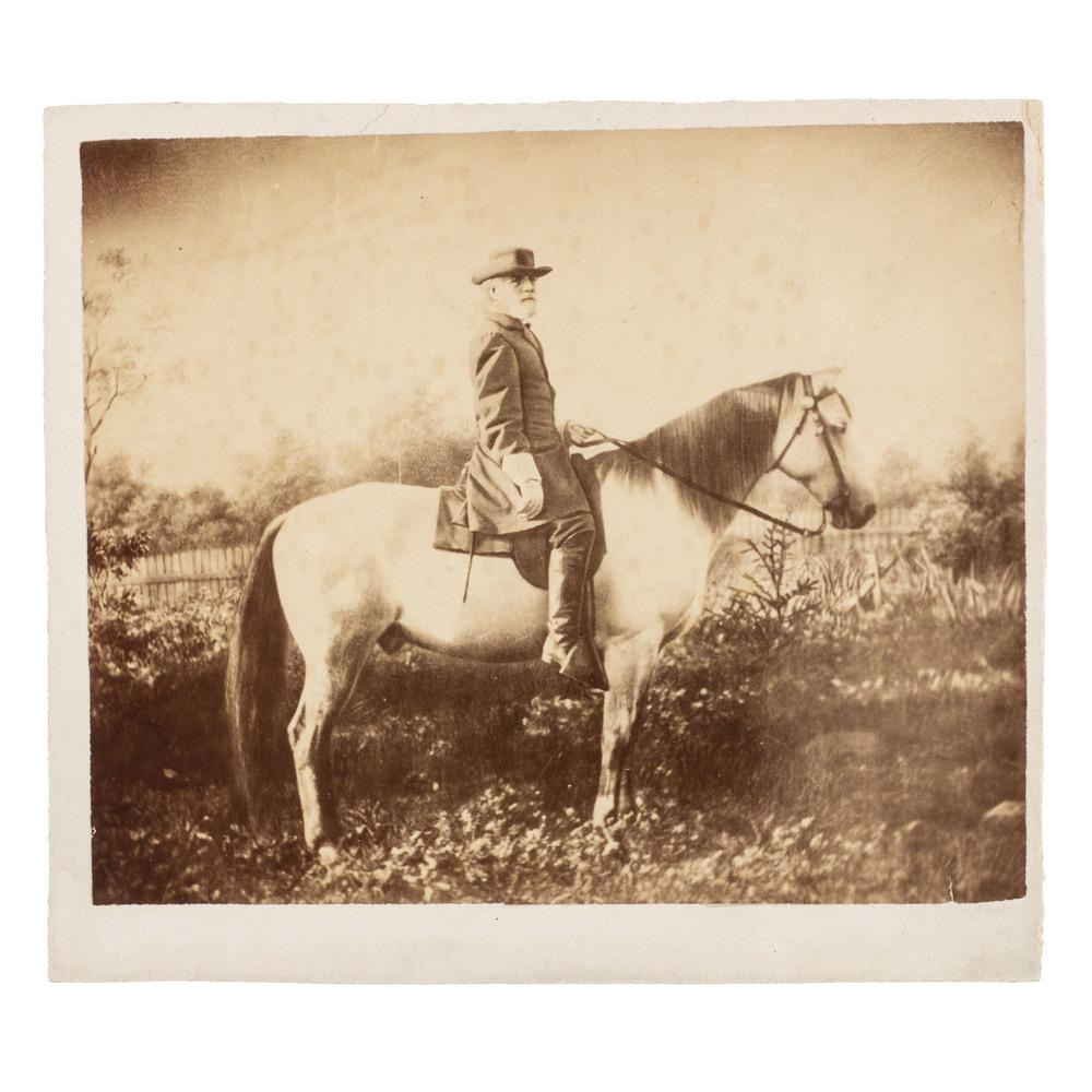 Robert E. Lee on Traveller, Albumen Photograph: Albumen photograph, 5.25 x 6.375 in., on 6 x 6.75 in. mount, lacking a studio imprint but known to have been taken by Michael Miley of Lexington, VA, in 1866. Following the Civil War, there was such