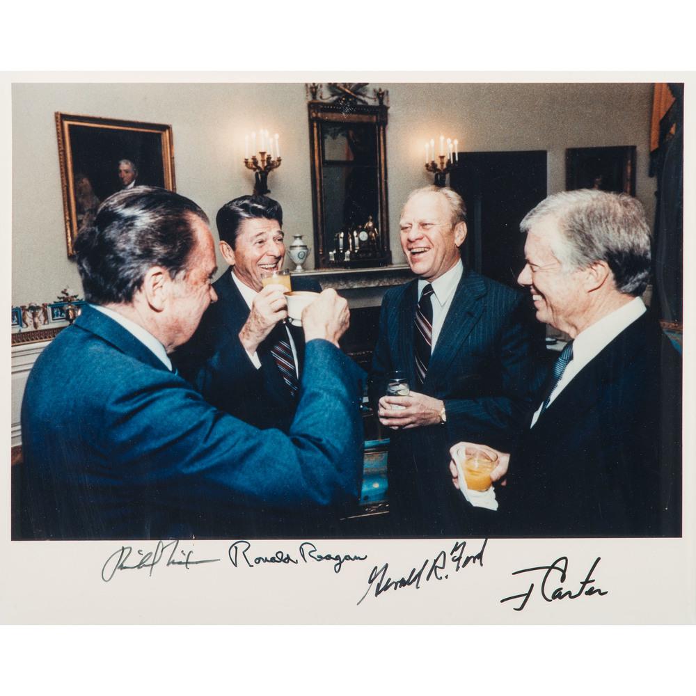Presidents Nixon, Ford, Carter, & Reagan, Signed Photo: US Presidents Nixon, Ford, Carter, & Reagan, Signed Photograph Four US Presidents (1969-1989). Photograph, 8 x 10 in., signed in lower margin by Presidents Richard Nixon (1913-1994), Ronald Reagan (19