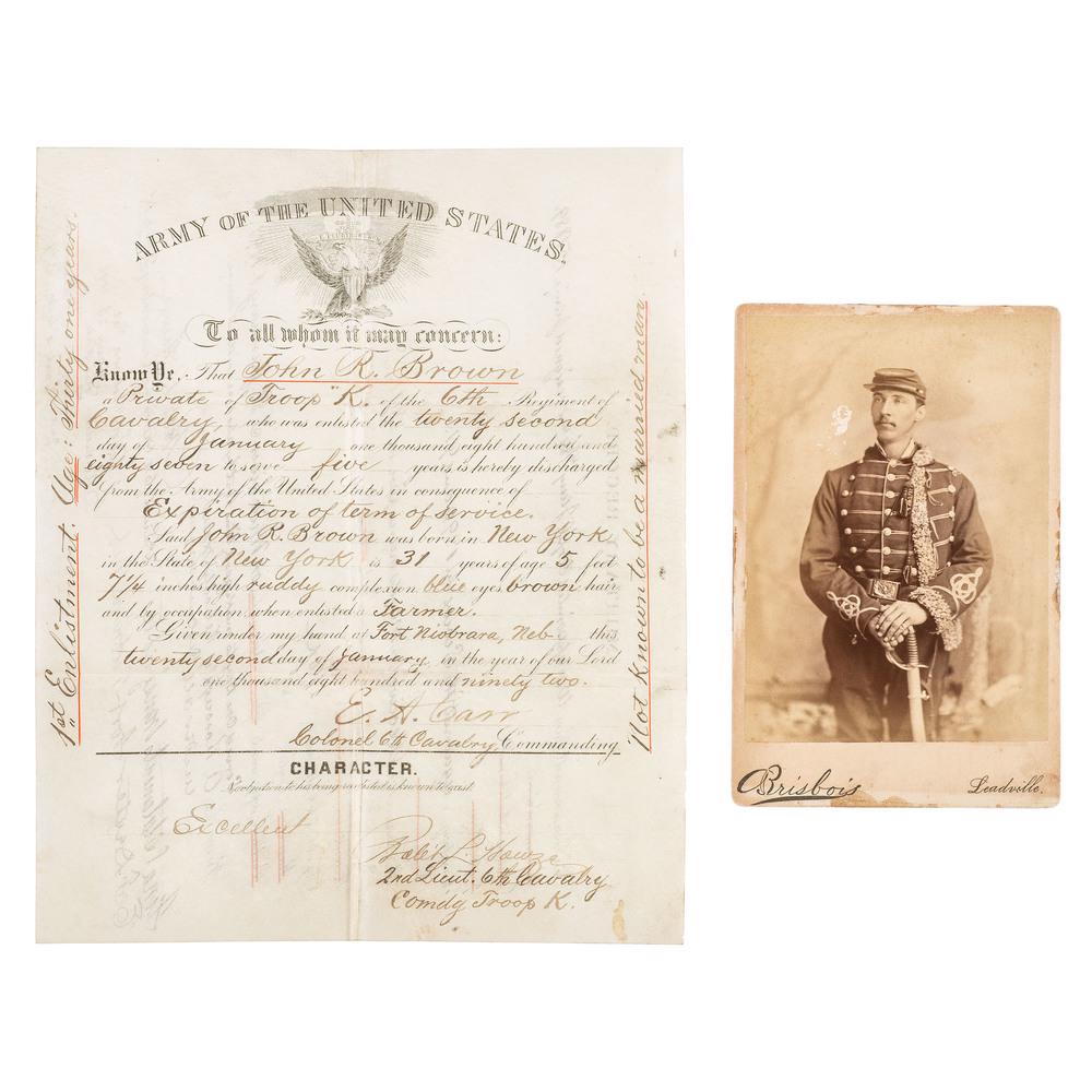 Indian Wars Discharge and Cabinet Photo, John R. Brown: Indian Wars Discharge and Cabinet Photograph, John R. Brown, 6th US Cavalry, ca 1890s Lot of 2. Partially printed document of discharge for Private John R. Brown, Troop K, 6th Cavalry, 1p, 8.25 x 10 i