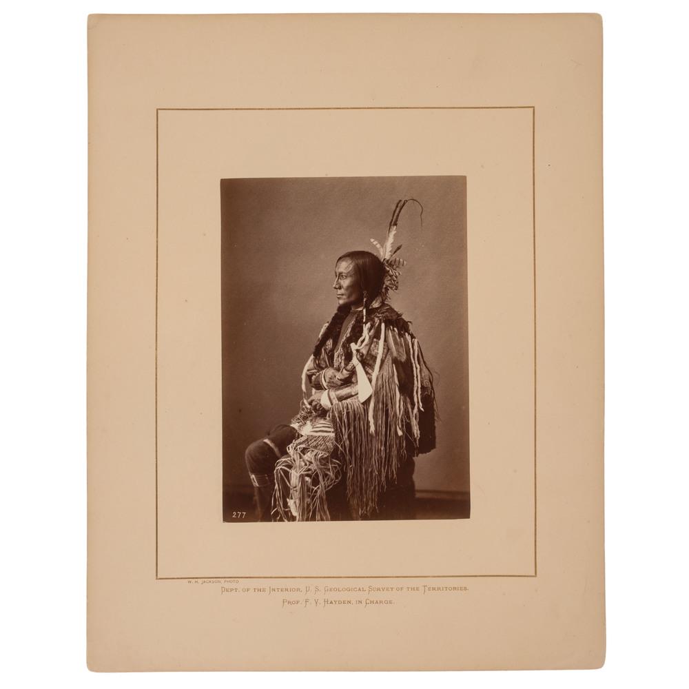 Alexander Gardner Albumen Photograph of Bull's Ghost: Alexander Gardner Albumen Photograph of Bull's Ghost, Lower Yanktonais Dakota Albumen photograph, 5.25 x 7.25 in., on 11 x 14 in. Hayden Survey mount with credit at lower left to W.H. Jackson. A studi