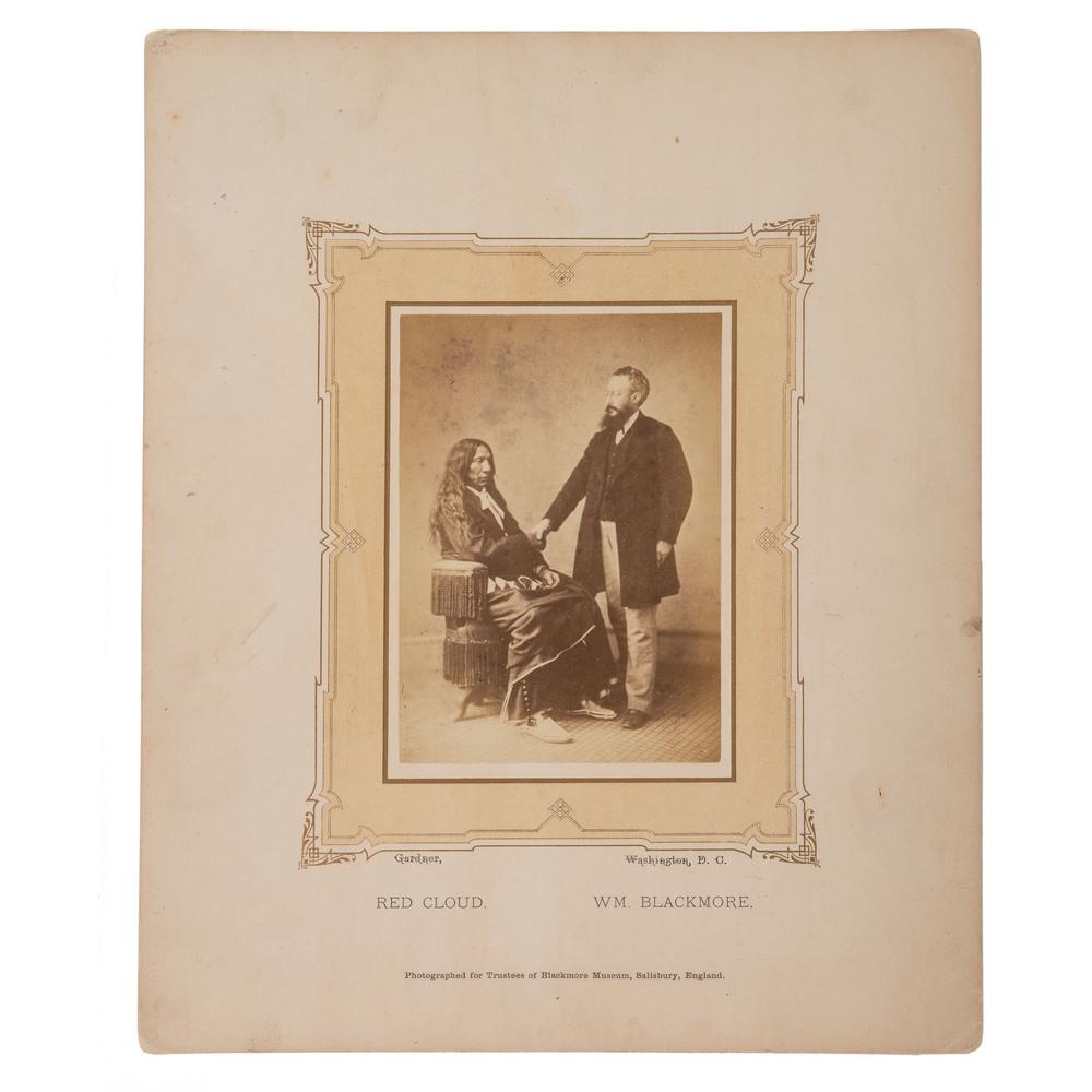 Alexander Gardner Albumen Photo of Red Cloud: Alexander Gardner Albumen Photograph of Red Cloud and William Blackmore Albumen photograph, 3.875 x5.25 in., on 10 x 12 in. mount with imprint of Gardner, Washington, DC, and caption, "Red Cloud / Wm.