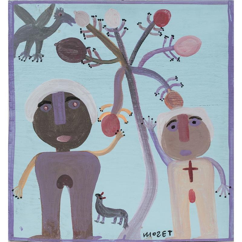 Mose E. Tolliver (American, Alabama, 1919-2006): Adam & Eve paint on wood panel signed l.c. unframed 24.25 x 22.75 in.