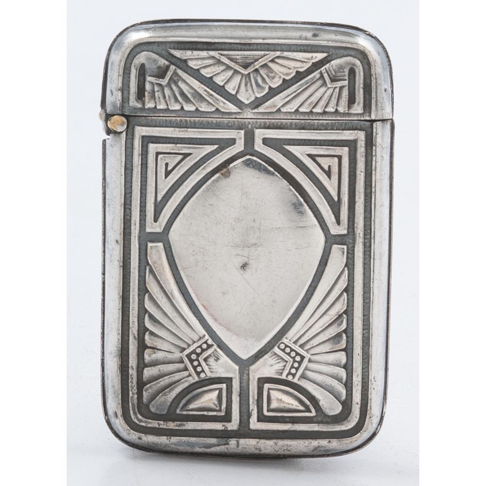 Silverplate Match Safe with Egyptian Motif: American, late 19th-early 20th century. A silverplated match safe with Egyptian-style decoration to exterior, with strike to underside and marked G. Silver to interior rim; ht. 2.75, wd. 1.75 in. Prov