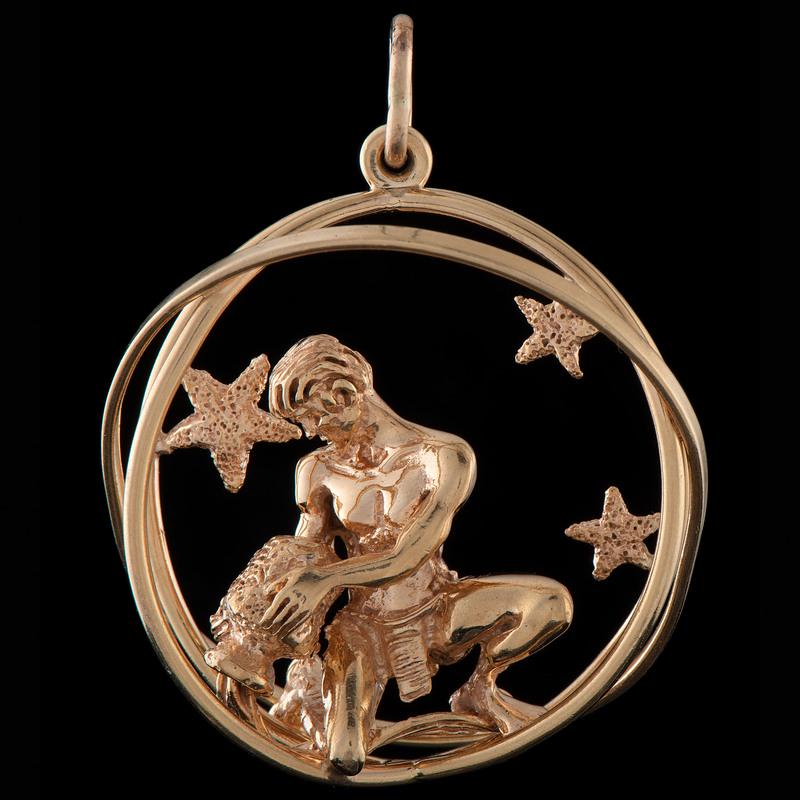 Ruser 14k Gold Aquarius Zodiac Charm: Ruser 14k Gold Aquarius Zodiac Charm Ruser 14k Gold Aquarius Zodiac Charm Marked Copyright Ruser 14k. 1.5" x 1.5". 18.0 dwts.