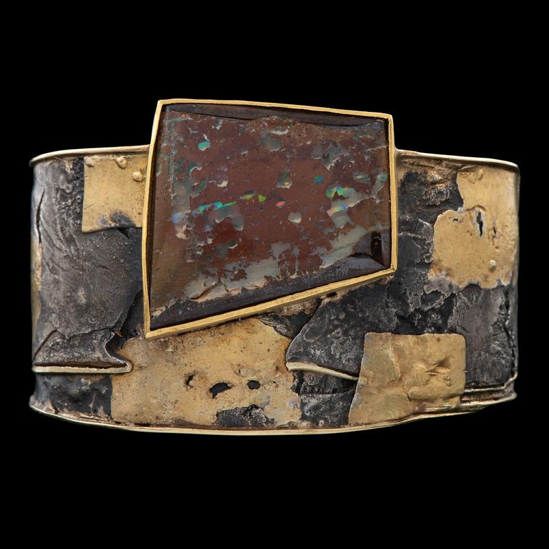 18k Gold, Silver, and Boulder Opal Cuff Bracelet (1 of 2)