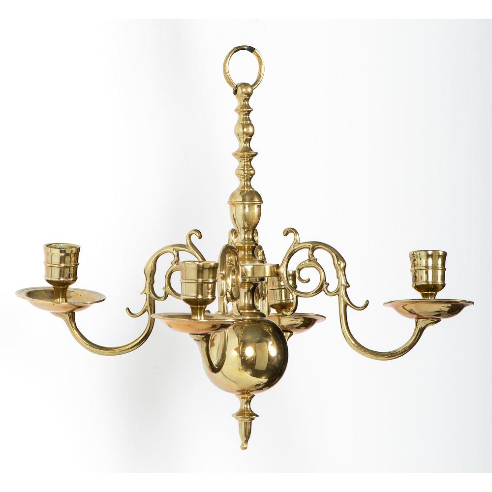 Brass Sconces and Chandeliers: Brass Sconces and Chandeliers A pair of brass sconces, and a pair of diminutive chandeliers; larger ht. 14.75 in. (each).