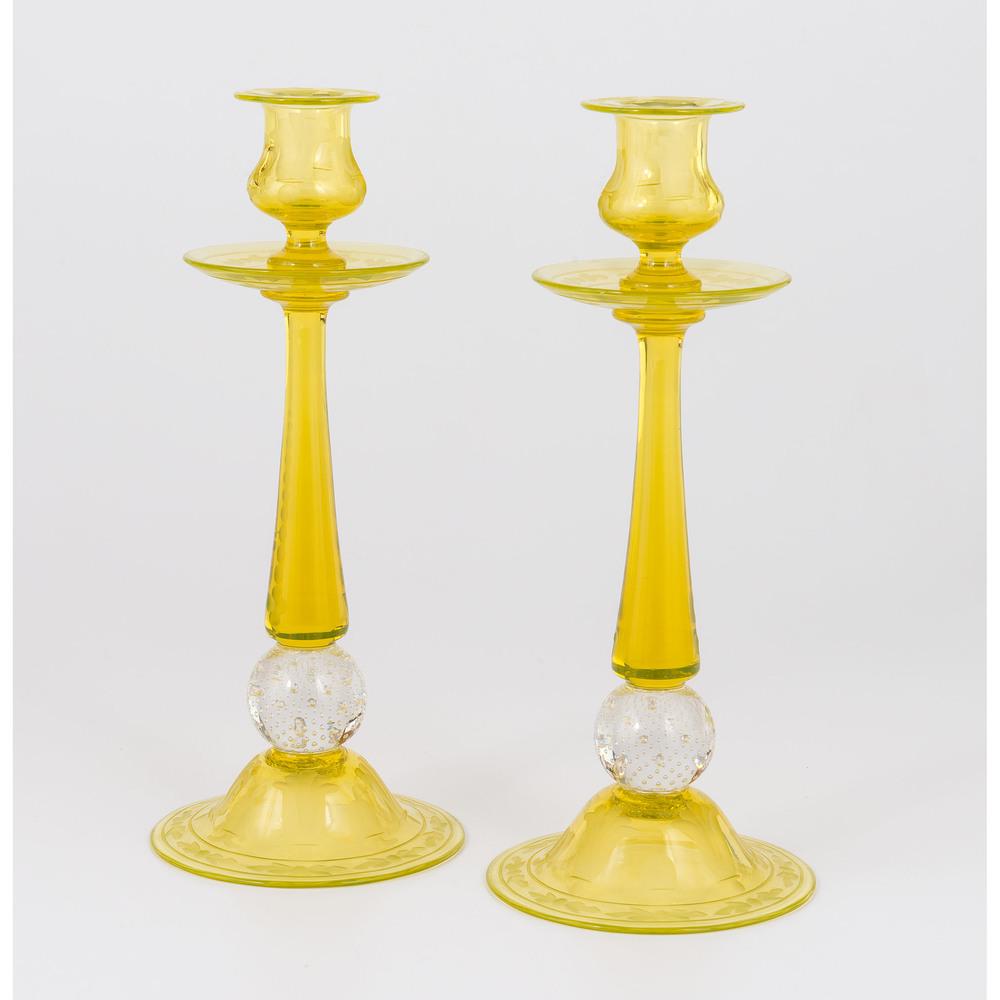 Pairpoint Etched Glass Candlesticks: Pairpoint Etched Glass Candlesticks American, likely 20th century. A pair of yellow glass candlesticks; ht. 11.75 in. (each).