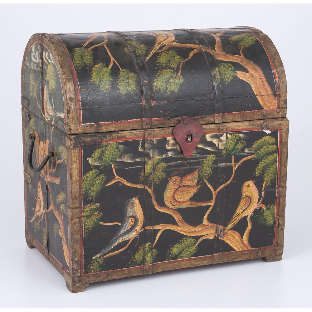 Paint-Decorated Domed Bottle Chest: Paint-Decorated Domed Bottle Chest American. A wooden box with domed lid and iron hinges, having painted decoration of birds on tree branches, divided interior for storage; ht. 14.5, wd. 14, dp. 9 in.