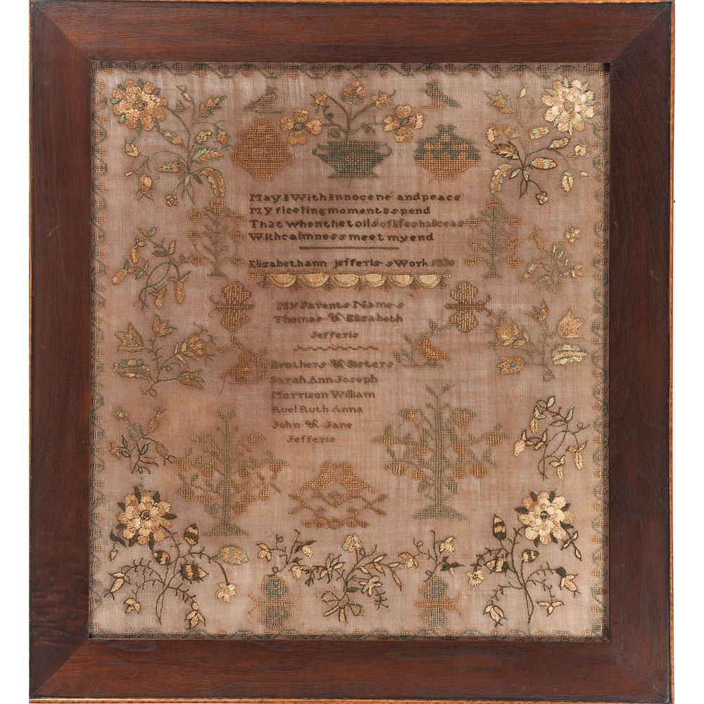 Floral Needlework Sampler, Elizabeth Jefferis: Floral Needlework Sampler, Elizabeth Jefferis American or English, ca 1830. A needlework sampler signed and dated by Elizabeth Jefferis along with family member's names, all within a fine floral borde