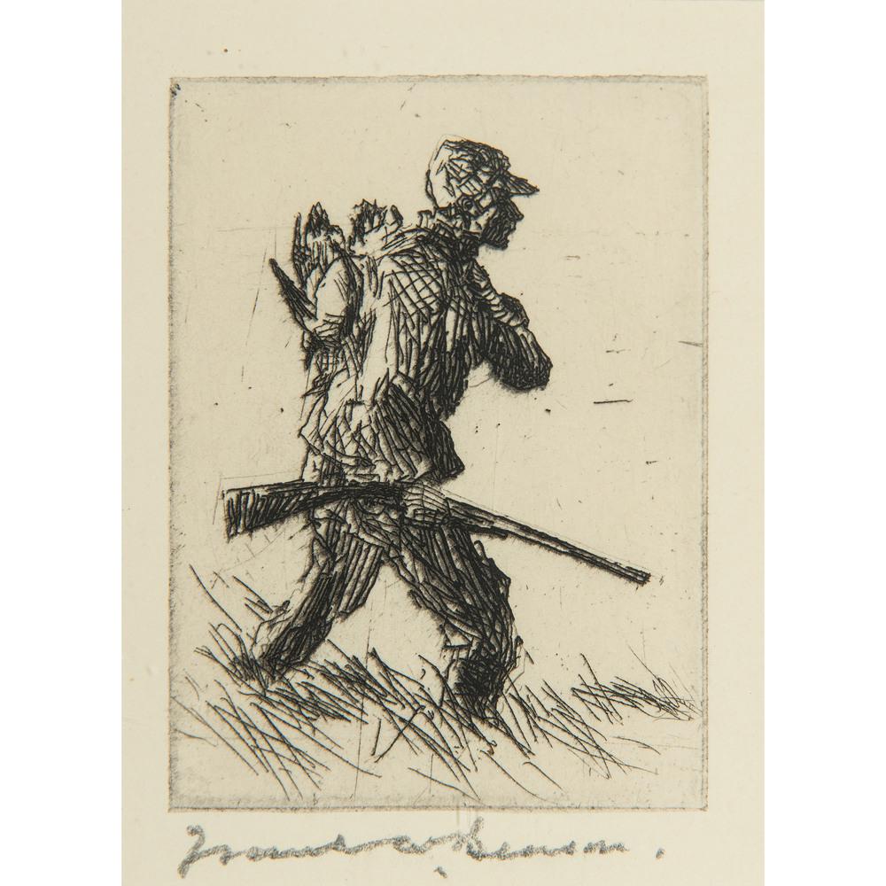 Frank Weston Benson (American, 1862-1951): Frank Weston Benson (American, 1862-1951) Plodding Home etching signed in pencil l.c. framed and matted under glass label on verso 2.75 x 2 in. (plate) 13.75 x 9.75 in. (frame)