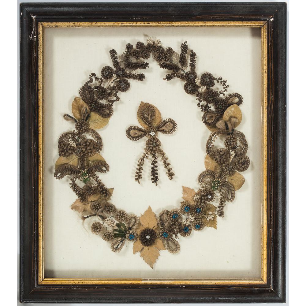 Victorian Mourning Hair Wreath: Victorian Mourning Hair Wreath American, 19th century. Mourning hair wreath with beaded accents, framed in a shadow box; ht. 18.5, wd. 16, dp. 1.5 in. (frame).