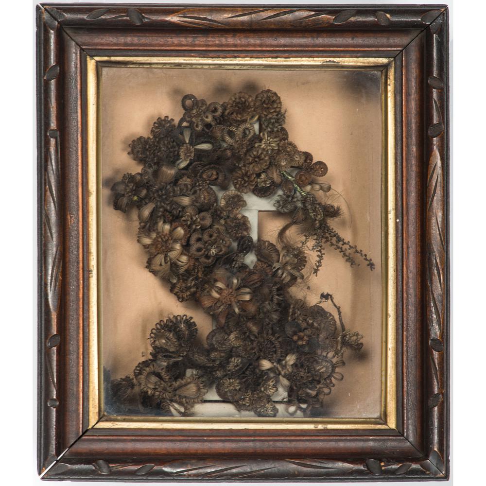 Victorian Mourning Hair Wreath with Cross in Shadow Box: Victorian Mourning Hair Wreath with Cross in Shadow Box American, 19th century. Mourning hair wreath with a central cross, mounted in a shadow box; ht. 13, wd. 11.25, dp. 5.25 in.