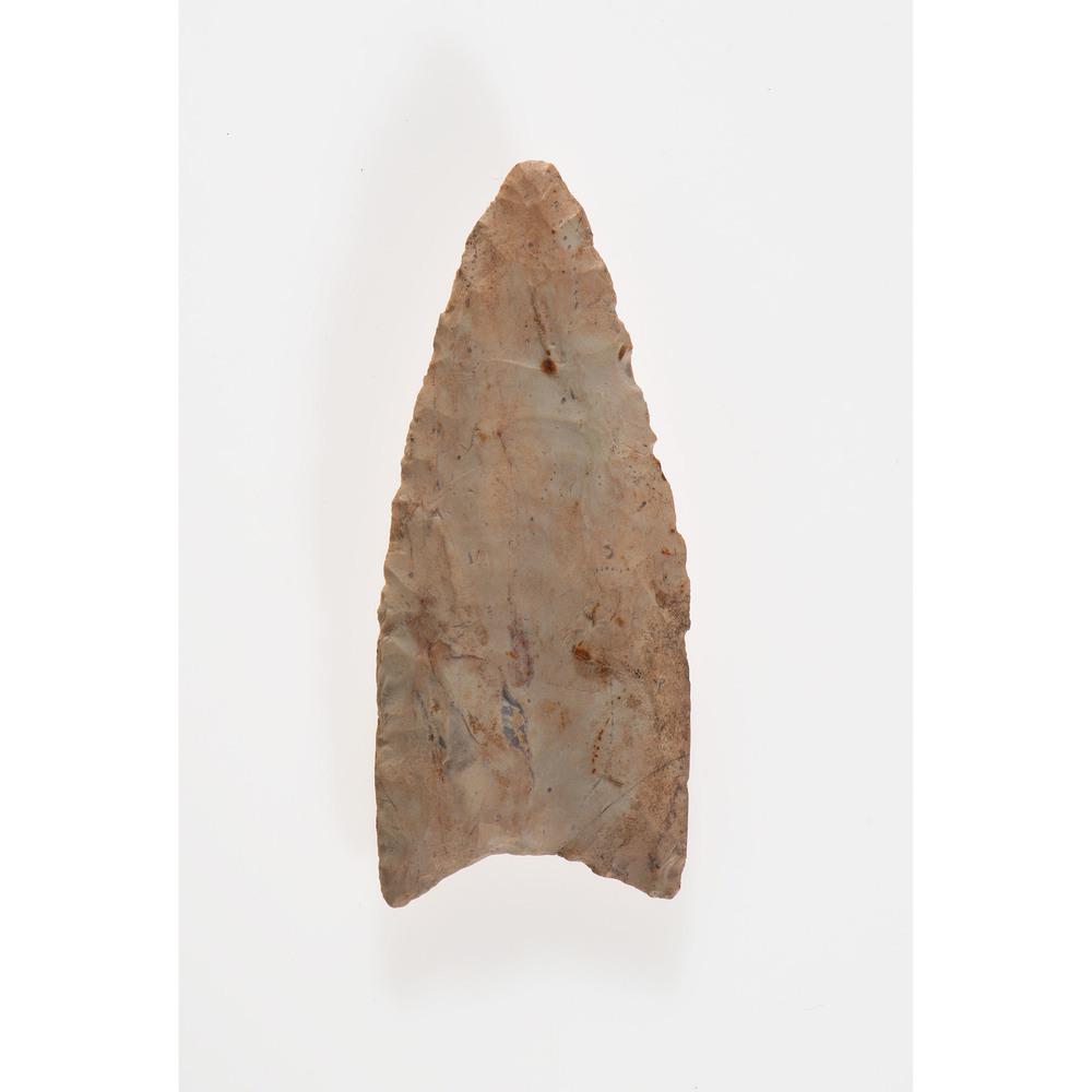 A Red Stone Point, Length 2-3/8 in.: Paleo Indian Period, 13,000-7000 B.C. Phoenix, Maricopa County, Arizona One ear broken and glued length 2-3/8 in. Collection History Tippett Collection, Galena, Illinois; Purchased on 10/24/1956 fr