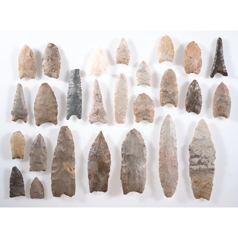 A Collection of Paleo Points, Longest 4-1/4 in.: Paleo Indian Period, 13,000-7000 B.C. Missouri [C982] Bell County, Texas [BCT] Lafayette County, Wisconsin [F463] Ohio [C604 / C603] South Carolina [F474] Dane County, Wisconsin [F445] Dodge County, W