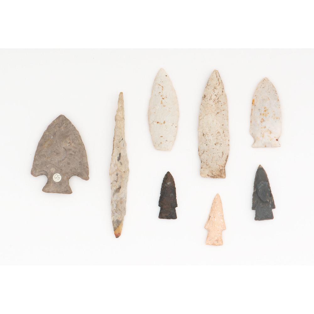 A Grouping of Flint Points, Longest 5-1/2 in.: Paleo Indian - Woodland Period, 13,000 - A.D. 1200 Illinois [204 / 283] Missouri [251] lot of 8, longest 5-1/2 in. Collection HistoryÂ Purchased from Marion Knott [204 / 283 / 251] Richard Bourn, S
