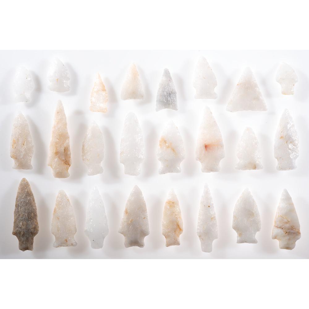 A Group of Quartz Projectile Points, Longest 2-7/8 in.: Archaic Period, 8000-500 B.C. York County, Pennsylvania lot of 24, longest 2-7/8 in. Collection History Karl G. Parchert, Dearborn, Michigan