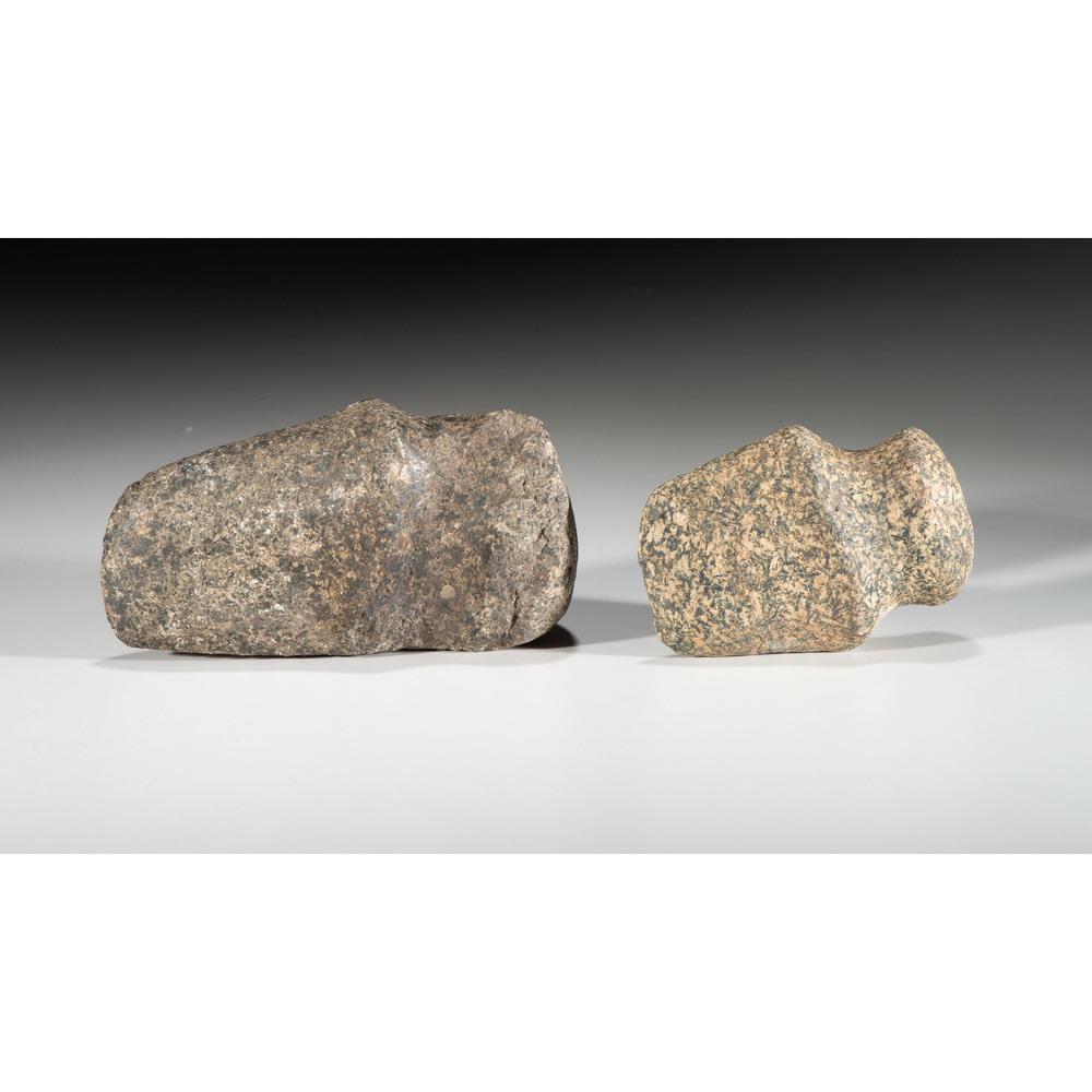 A Granite 3/4 Grooved Axe AND A Granite Full Grooved: Archaic Periods, 8000-500 B.C. Wabasha Lake, Wabasha County, Minnesota [no catalog number] Butler, Bates County, Missouri [F525] lot of 2, longest 6-1/8 in. Collection History Found on Maz Oeker's f