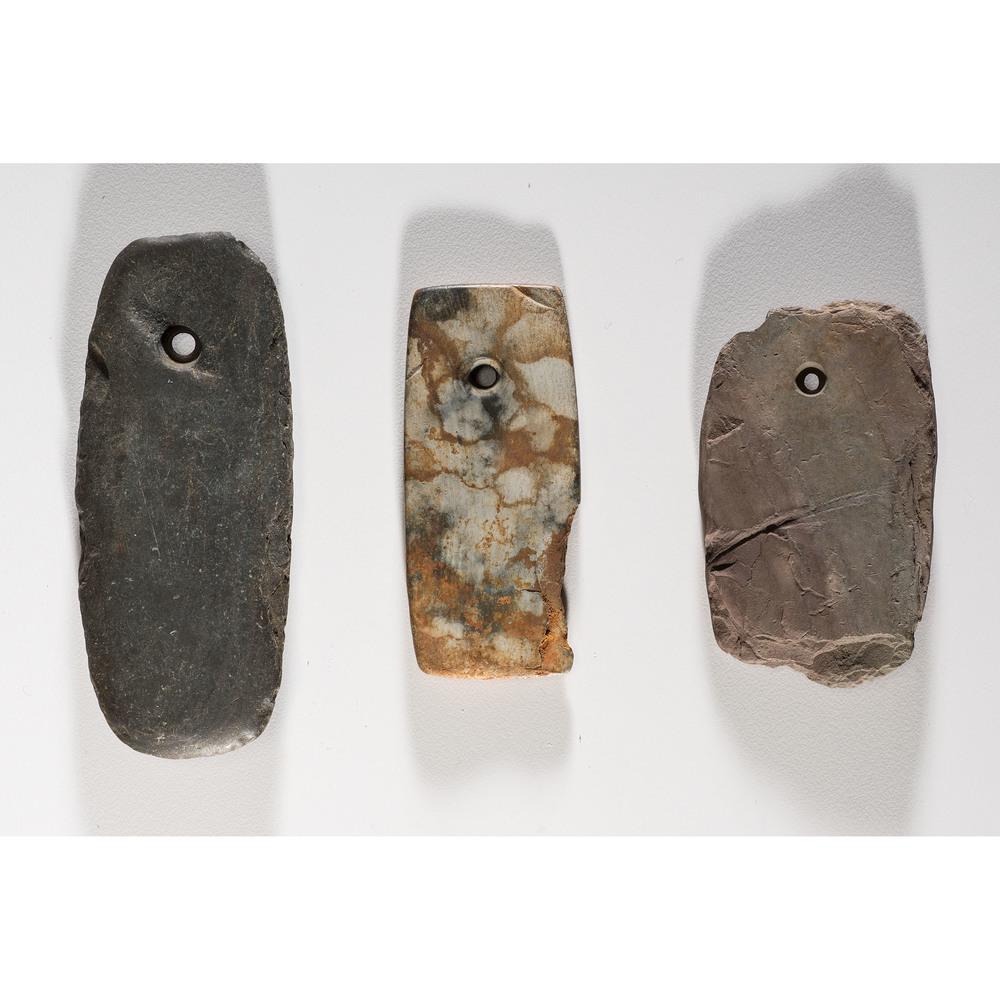 A Collection of Pendants, Longest 3-7/8 in.: Woodland Period, 800 B.C. - A.D. 1 Algonac, St. Clair County, Michigan [N73 / N68] lot of 3, longest 3-7/8 in. Collection Hisstory Newell E. Collins, Algonac, Michigan [N73 / N68] Karl G. Parchert, De