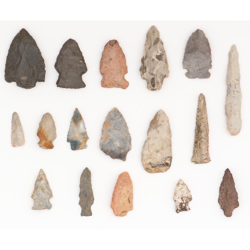 Three Frames of Flint Points, Longest 4-1/2 in.: Archaic - Woodland Period, 8000 B.C. - A.D. 1200 lot of 39, longest 4-1/2 in. Collection History Cameron Parks, Garrett, Indiana