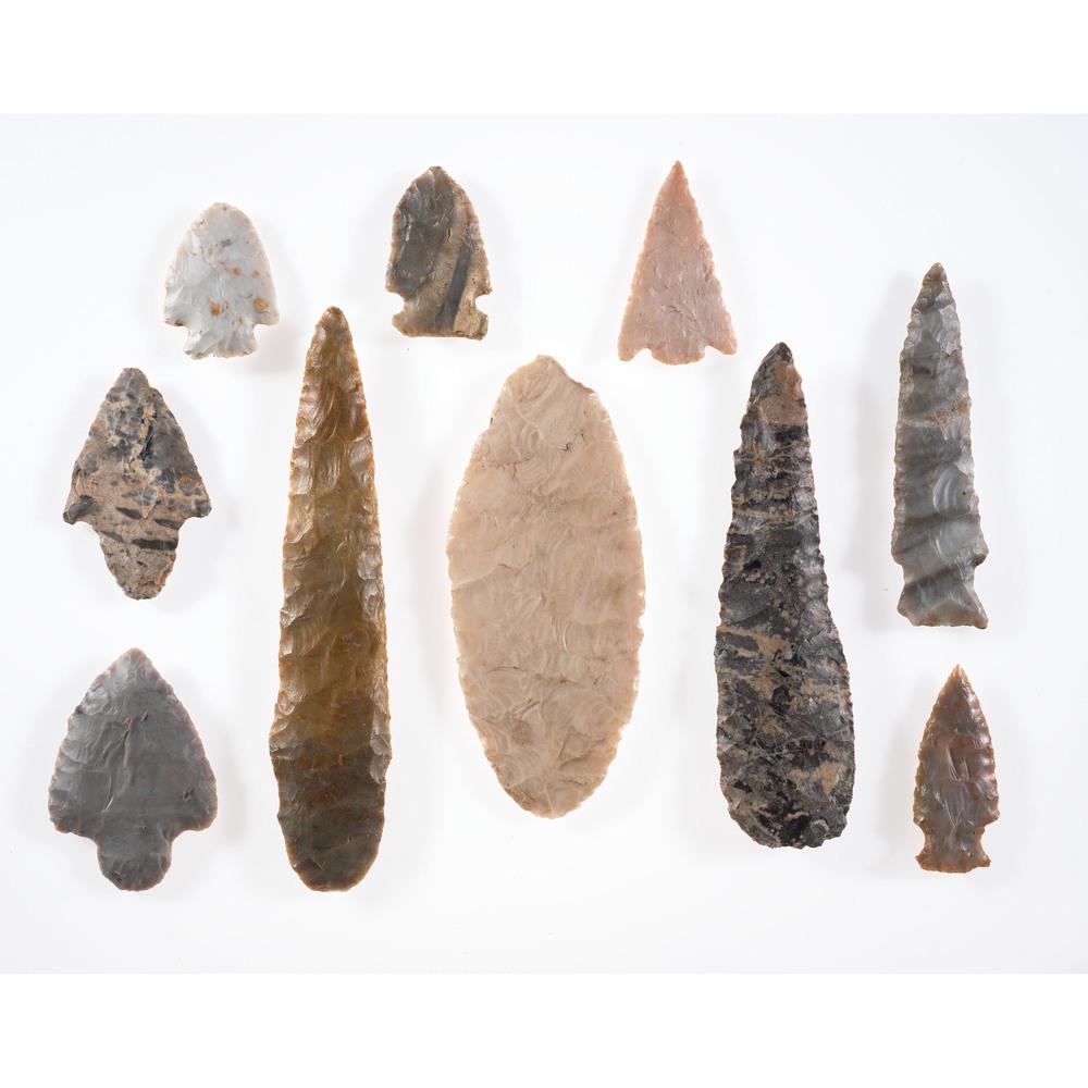 A Group of Knives and Points, Longest 5-1/2 in.: Archaic - Woodland Period, 8000 B.C. - A.D. 1200 Putnam County, Ohio [F154] Pleasant Township, Marion County, Ohio [F156] Indiana [C671 / C675] lot of 10, longest 5-1/2 in. Collection History Found by