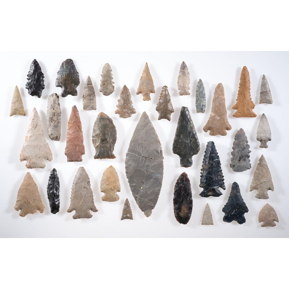 A Frame of Miscellaneous Points, Longest 6 in.: Archaic - Woodland Period, 8000 B.C. - A.D. 1200 lot of 32, longest 6 in. Collection History Karl G. Parchert, Dearborn, Michigan