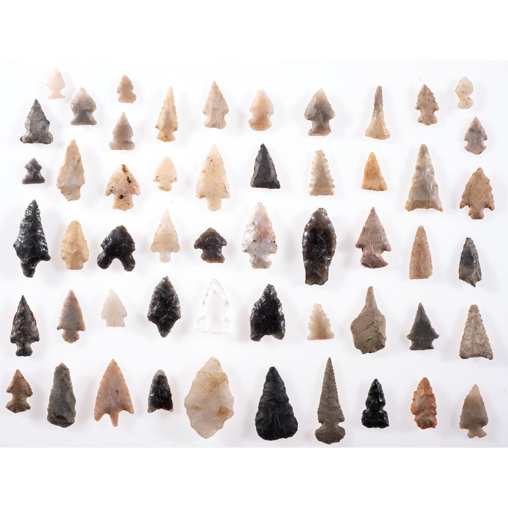 A Group of Assorted Points, Longest 6 in.: Archaic - Protohistoric Period, 8000 B.C. - A.D. 1650 lot of 63, longest 6 in, shortest 1/4 in. Collection History Karl G. Parchert, Dearborn, Michigan