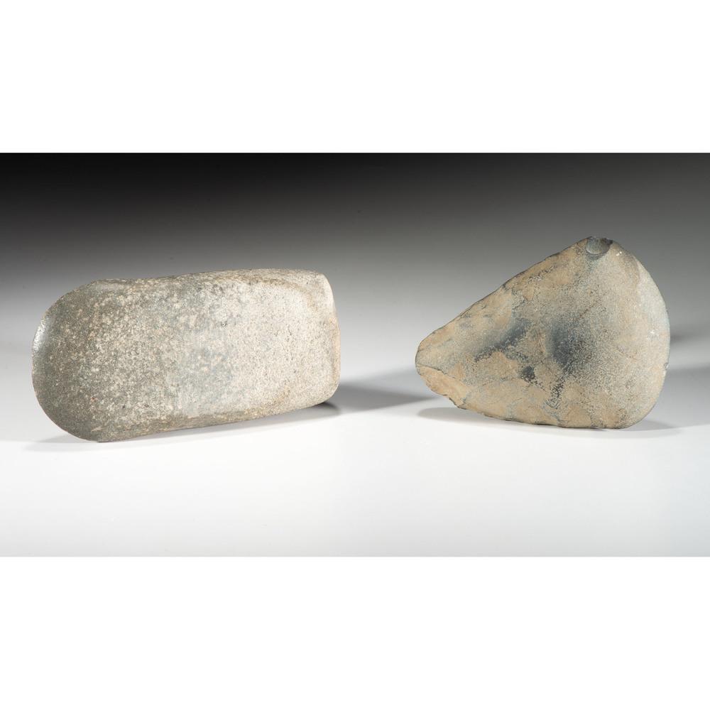 Two Large Hardstone Celts, Longest 7 in.: Woodland Period, 800 B.C. - A.D. 1200 Dane County, Wisconsin [F133] Bartow County, Georgia [F259] lot of 2, longest 7 in. Collection History Minnesota Historical Society Museum, St. Paul, Minnesota;
