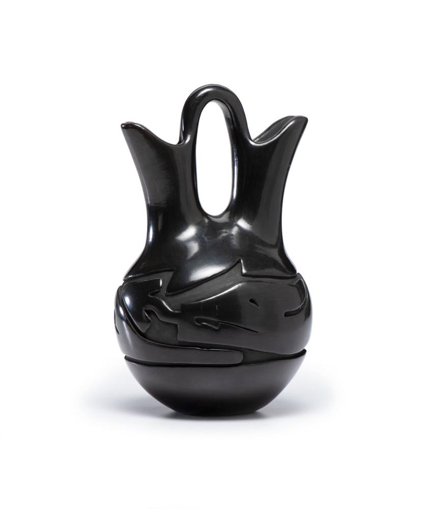 Mida Tafoya (Santa Clara, b. 1931) Wedding Vase: Mida Tafoya (Santa Clara, b. 1931) Wedding Vase **ARTIST ATTRIBUTION CHANGED, ESTIMATE CHANGED** signed on base, height 13 in. x diameter 7 in.Â third quarter 20th century